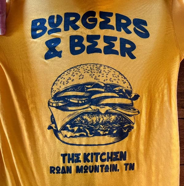 Burgers and beer graphic on Mountain Harbour Store t-shirt, Tennessee local cuisine.