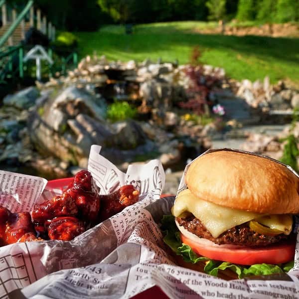 Mountain harbour general store outdoor dining burger and fries scenic nature view.