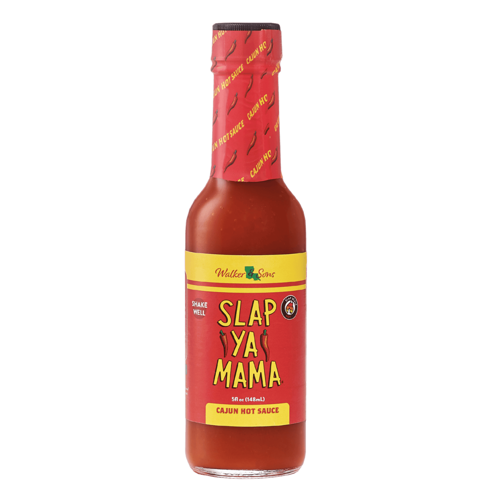 Cajun hot sauce bottle with bold red label and spicy chili illustrations.