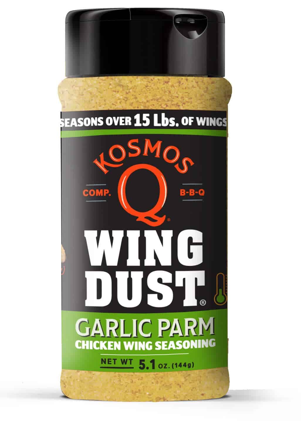Kosmos Q Wing Dust Garlic Parm Chicken Wing Seasoning, 5.1 oz bottle, perfect for BBQ and smoking.